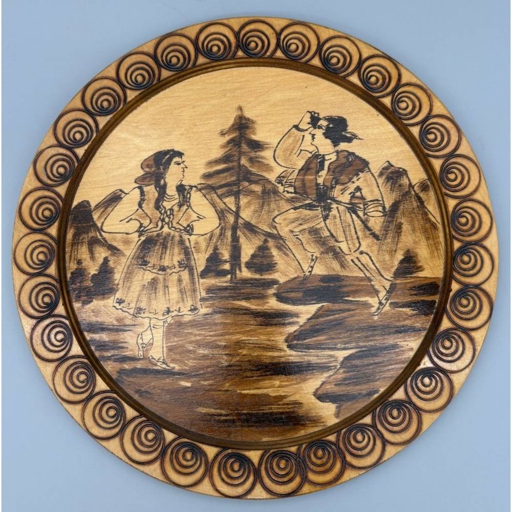 Folk Art Polish Hand Carved Wood Wall Hanging Display Plate Dancer Design 11.5"